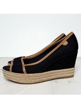Tory Burch Majorca Black Peep Toe Espadrille Wedge 37